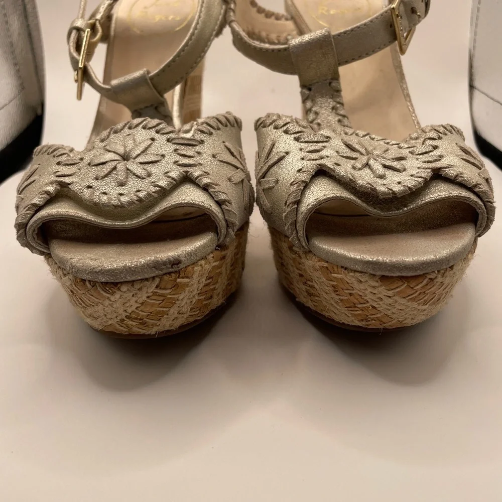 Jack Rogers cork Elegant Silver Wedge Sandals size 7.5